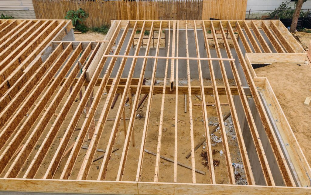 Overhead view of timber floor trusses used during construction